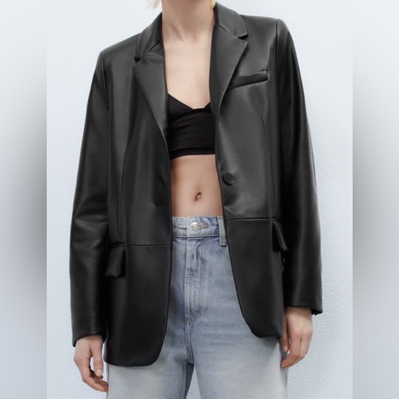Black Zara Faux Leather Blazer, Size XS - Picture 3 of 7